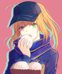 Rule 34 | 1girl, ahoge, artoria pendragon (fate), bag, baozi, baseball cap, blonde hair, blue hat, blue scarf, fate/grand order, fate (series), food, green eyes, hat, highres, holding, holding food, long hair, long sleeves, looking at viewer, mysterious heroine x (fate), open mouth, pink background, ponytail, scarf, shaded face, sidelocks, simple background, solo, upper body, xing muhen