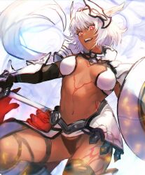 Rule 34 | 1girl, animal ears, armor, bikini, black bikini, black gloves, black thighhighs, body markings, breasts, caenis (fate), cape, dark-skinned female, dark skin, elbow gloves, fate/grand order, fate (series), faulds, gauntlets, gloves, greaves, headpiece, highres, large breasts, long hair, looking at viewer, navel, open mouth, otsukemono, pauldrons, polearm, red cape, red eyes, revision, shield, shoulder armor, smile, solo, spear, swimsuit, tattoo, thighhighs, very long hair, waist cape, weapon, white bikini, white hair