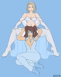 Rule 34 | 2girls, absurdres, brown hair, cosplay, dazzler, emma frost, highres, kalruna, kujikawa rise, margaret (persona), marvel, midriff, multiple girls, persona, persona 4, twintails, white hair, x-men