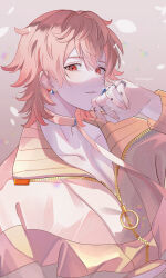 Rule 34 | 1boy, absurdres, choker, earrings, facing to the side, finger tattoo, highres, jacket, jewelry, looking at viewer, male focus, miya (38magical), multicolored clothes, multicolored jacket, orange choker, orange jacket, paradox live, phantometal (paradox live), pink hair, red eyes, ring, rokuta (paradox live), short hair, smile, solo, tattoo, white jacket, yellow jacket