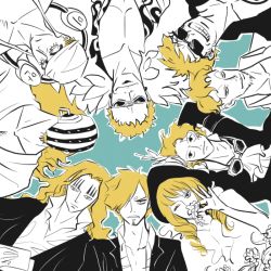 Rule 34 | 6+boys, basil hawkins, bellamy, blonde hair, cavendish, donquixote doflamingo, enel, feathers, flower, goggles, goggles around neck, hair over one eye, hat, helmet, killer (one piece), long hair, lying, male focus, marco (one piece), mask, multiple boys, on back, one piece, sabo (one piece), sanji (one piece), scar, topless male, spot color, sunglasses, tattoo