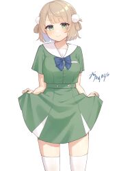 Rule 34 | 1girl, alternate costume, blonde hair, blue bow, blue bowtie, blush, bow, bowtie, braid, breasts, closed mouth, commentary, cowboy shot, green eyes, green sailor collar, green shirt, green skirt, hair ornament, hair rings, highres, indie virtual youtuber, looking at viewer, medium breasts, mitora nao, pom pom (clothes), pom pom hair ornament, sailor collar, shigure ui (vtuber), shirt, short hair, short sleeves, side braids, simple background, skirt, skirt hold, solo, thighhighs, thighs, v-shaped eyebrows, virtual youtuber, white background, white thighhighs, zettai ryouiki