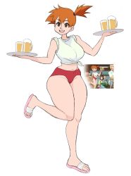 Rule 34 | 1girl, alcohol, asymmetrical hair, beer, blush, buruma, creatures (company), eyelashes, game freak, green eyes, hair between eyes, hair tie, highres, legs, misty (pokemon), navel, nintendo, open mouth, orange hair, pokemon, pokemon (anime), pokemon (classic anime), pokemon ep018, ponytail, sandals, shirt, short hair, side ponytail, smile, solo, standing, thighs, white shirt, zigzagboy95