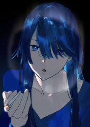 Rule 34 | 1girl, :o, aoe nagi, black background, blowing smoke, blue eyes, blue hair, blue shirt, cigarette, hair over one eye, half-closed eyes, highres, holding, holding cigarette, kakeami, long hair, long sleeves, looking at viewer, mole, mole under eye, open mouth, shirt, shounen no abyss, simple background, smoke ring, smoking, solo, upper body, v-neck