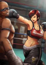 Rule 34 | 1boy, 1girl, bandaid, boxing gloves, boxing ring, breasts, cleavage, clothes writing, dark-skinned male, dark skin, dead or alive, dead or alive 5, emubi, eyebrows, fingerless gloves, highres, in the face, large breasts, midriff, mila (doa), mixed martial arts, mma gloves, open mouth, punching, red eyes, red hair, short hair, shorts, sports bra, very dark skin, zack (doa)