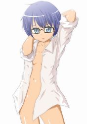 Rule 34 | 00s, 1girl, bad id, bad pixiv id, bottomless, flat chest, glasses, hidamari sketch, naka (cheeseyeast), no panties, open clothes, open shirt, sae (hidamari sketch), shirt, short hair, simple background, sleeves rolled up, solo, white background