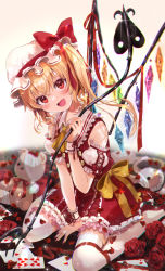 Rule 34 | 1girl, :d, adapted costume, ascot, bare shoulders, blonde hair, blush, bow, detached sleeves, fang, flandre scarlet, flower, food, frills, fujiwara aoi, hat, hat bow, hat ribbon, laevatein (touhou), looking at viewer, mob cap, open mouth, puffy short sleeves, puffy sleeves, red bow, red eyes, red flower, red rose, red skirt, ribbon, rose, shirt, short sleeves, sitting, skin fang, skirt, skirt set, smile, solo, thighhighs, touhou, vest, wariza, white thighhighs, wings, wrist cuffs
