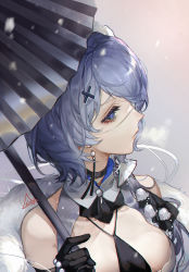 Rule 34 | 1girl, arknights, bare shoulders, black choker, black gloves, black neckwear, blue eyes, blue hair, breasts, breath, chinese commentary, choker, commentary request, earrings, eyepatch, gloves, hair ornament, highres, holding, holding umbrella, jewelry, large breasts, looking away, looking to the side, official alternate costume, oil-paper umbrella, one eye covered, short hair, solo, spade-m, umbrella, upper body, whisperain (arknights), whisperain (tremble cold) (arknights), x hair ornament