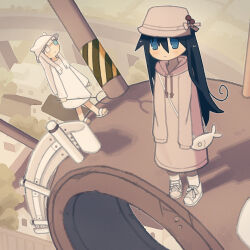 Rule 34 | 2girls, animal bag, arms at sides, bag, black hair, blue eyes, blush, brown hat, brown robe, bucket hat, closed mouth, fish, from above, full body, futami ya, guard rail, hair between eyes, hat, heterochromia, highres, holding, holding staff, hood, hood down, hooded robe, horned hat, localized gravity, long hair, long sleeves, looking ahead, looking at viewer, multiple girls, outdoors, road, robe, sandals, shadow, shimeji simulation, shoes, shoulder bag, sidelocks, sleeves past fingers, sleeves past wrists, sneakers, staff, standing, surreal, the gardener (shimeji simulation), town, tsukishima shijima, utility pole, white footwear, white hair, white hat, white robe, yellow eyes