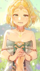 Rule 34 | 1girl, 1other, ambiguous gender, bare shoulders, blonde hair, braid, collarbone, commentary request, crown braid, dress, earrings, facial hair, fingernails, grass, green eyes, grey dress, highres, holding hands, jewelry, kyosuke1413koba, looking at viewer, lower teeth only, magatama, magatama necklace, necklace, nintendo, open mouth, out of frame, outdoors, pointy ears, pov, pov hands, princess zelda, short hair, smile, strapless, strapless dress, teardrop facial mark, tearing up, teeth, the legend of zelda, the legend of zelda: tears of the kingdom, tiara