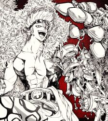 Rule 34 | 1boy, abs, coat, commentary request, eustass kid, fur coat, goggles, goggles on head, greyscale with colored background, highres, looking at viewer, male focus, mechanical arms, monochrome, one piece, open mouth, red background, red eyes, scar, scar across eye, scar on chest, scar on face, short hair, single mechanical arm, smile, solo, teeth, yotsumi shiro
