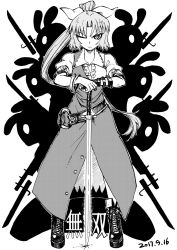 Rule 34 | 1girl, animal ears, ankle boots, bayonet, belt, boots, bow, bracelet, collared shirt, crack, cracked floor, cross-laced footwear, dated, dress, frown, greyscale, gun, hair bow, heran hei mao, highres, jewelry, lace-up boots, long dress, long hair, looking at viewer, monochrome, one eye closed, rabbit, rabbit ears, rifle, serious, shadow, shirt, short hair with long locks, short sleeves, silhouette, sword, touhou, translation request, v-shaped eyebrows, very long hair, watatsuki no yorihime, weapon