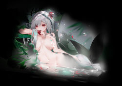 Rule 34 | 1girl, absurdres, arknights, bad id, bad pixiv id, black background, breasts, cetacean tail, commentary request, completely nude, fins, fish tail, highres, indoors, large breasts, leaning to the side, long hair, looking at viewer, lying, mermaid, monster girl, navel, night, nude, official alternate costume, on side, partially submerged, plant, red eyes, scup, silver hair, skadi (arknights), skadi the corrupting heart (arknights), solo, stomach, tail, very long hair, water, water drop, whale tail (clothing)