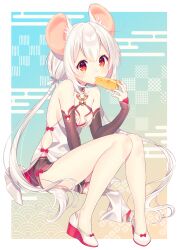 Rule 34 | 1girl, animal ear fluff, animal ears, bare shoulders, between legs, black shorts, black sleeves, breasts, cheese, cleavage, closed mouth, commentary request, detached sleeves, egasumi, food, full body, grey hair, hair between eyes, hand between legs, hand up, highres, holding, holding food, kusumoto shizuru, long hair, long sleeves, looking at viewer, low twintails, medium breasts, mouse ears, original, red eyes, shoes, short shorts, shorts, sitting, sleeves past wrists, solo, twintails, very long hair, white footwear