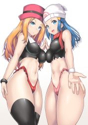 Rule 34 | 2girls, adapted costume, bare shoulders, beanie, black legwear, blue eyes, blue hair, blush, breasts, brown hair, cowboy shot, creatures (company), curvy, dawn (pokemon), game freak, gradient background, hat, highleg, highleg panties, impossible clothes, impossible shirt, large breasts, long hair, looking at viewer, multiple girls, nagase haruhito, navel, nintendo, open mouth, panties, parted lips, pink panties, pokemon, porkpie hat, presenting, red hat, red panties, red scarf, scarf, serena (pokemon), shirt, simple background, sleeveless, sleeveless shirt, smile, standing, thick thighs, thighhighs, thighs, toned, underwear