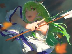 Rule 34 | 1girl, bare shoulders, detached sleeves, frog hair ornament, gohei, green eyes, green hair, hair between eyes, hair ornament, highres, holding, holding stick, kochiya sanae, kureihii, long hair, looking to the side, one eye covered, open mouth, revision, solo, stick, touhou, upper body