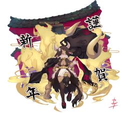 Rule 34 | 1girl, artist name, bell, black footwear, black gloves, black shirt, black thighhighs, breasts, chinese zodiac, cleavage, commentary request, cowbell, dark-skinned female, dark skin, ear piercing, egasumi, fur collar, fur cuffs, gauntlets, gloves, hair over one eye, happy new year, highres, holding, holding mace, holding weapon, kazana (sakuto), large breasts, mace, miniskirt, new year, original, ox ears, ox girl, ox horns, ox tail, piercing, pleated skirt, rope, rope around waist, sandals, shimenawa, shirt, short hair, signature, single gauntlet, skirt, solo, standing, standing on one leg, thighhighs, torii, translated, weapon, white background, white skirt, year of the ox, yellow eyes