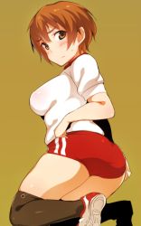 Rule 34 | 1girl, ass, blush, brown eyes, brown hair, buruma, character check, em (totsuzen no hakike), full body, gym uniform, katou keiko, kneehighs, kneeling, looking at viewer, looking back, shirt, shoes, short hair, short sleeves, simple background, sneakers, socks, solo, strike witches, sweatdrop, white shirt, witches of africa, world witches series