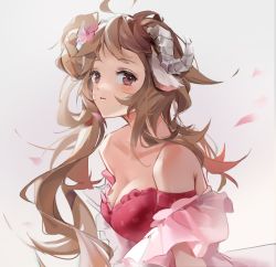 Rule 34 | 1girl, ahoge, arknights, asymmetrical hair, bare shoulders, bikini, blush, breasts, brown hair, cleavage, commentary, eyjafjalla (arknights), eyjafjalla (summer flower) (arknights), flower, frilled bikini, frills, grey background, hair flower, hair ornament, horns, long hair, looking at viewer, medium breasts, official alternate costume, parted lips, petals, pink bikini, red eyes, sheep horns, simple background, solo, swimsuit, symbol-only commentary, upper body, wavy hair, yuan (ziranran)