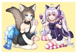 Rule 34 | 2girls, :3, :d, ahoge, animal ear headphones, animal ears, animal hands, arms up, bare shoulders, beige background, blue bow, blue eyes, blush, bow, braid, brown hair, cat ear headphones, character request, claw pose, collarbone, commentary, dress, english commentary, facial mark, fake animal ears, fingerless gloves, forever 7th capital, gloves, green skirt, hair between eyes, headphones, headset, highres, japanese clothes, kneehighs, looking at viewer, multiple girls, no shoes, off-shoulder shirt, off shoulder, open mouth, parted bangs, paw gloves, purple dress, purple gloves, rangen, shirt, short hair, silver hair, skirt, sleeveless, sleeveless shirt, smile, socks, star (symbol), striped clothes, striped legwear, striped thighhighs, suspender skirt, suspenders, suspenders slip, tail, thighhighs, twintails, two-tone background, white background, white legwear, white shirt