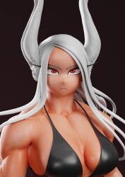 Rule 34 | 1girl, 3d, absurdres, bikini, boku no hero academia, breasts, caidoheraldo, cleavage, close-up, frown, highres, large breasts, long eyelashes, long hair, looking at viewer, mirko, muscular, muscular female, red eyes, solo, swimsuit, white hair