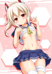 Rule 34 | 1girl, anchor symbol, ascot, ayanami (azur lane), azur lane, bare arms, bare shoulders, blue sailor collar, blue skirt, blush, breasts, cleavage, closed mouth, clothes lift, collarbone, commentary request, hair between eyes, headgear, high ponytail, lifting own clothes, light brown hair, long hair, looking at viewer, medium breasts, nagana sayui, navel, no bra, panties, pleated skirt, ponytail, red eyes, sailor collar, school uniform, serafuku, shirt, shirt lift, sidelocks, skirt, sleeveless, sleeveless shirt, solo, star (symbol), underwear, white panties, white shirt, yellow ascot