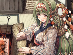 Rule 34 | 1girl, :d, ayakashi kyoushuutan, blush, breasts, brown kimono, character request, commentary request, fire, firewood, green hair, hair between eyes, hair ornament, hairband, hasumi (hasubatake39), highres, holding, indoors, japanese clothes, kimono, long hair, long sleeves, looking at viewer, medium breasts, monobeno, open mouth, red eyes, sidelocks, smile, solo, tatami, very long hair, wheat, wide sleeves