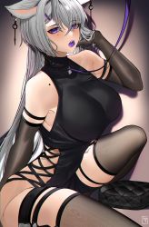 Rule 34 | 1girl, animal ears, bare shoulders, black gloves, black thighhighs, breasts, colored tongue, crossed bangs, dog ears, earrings, elbow gloves, gloves, grey hair, hair between eyes, highres, j.moon, jewelry, large breasts, leash, long hair, looking at viewer, mole, mole on shoulder, mole under eye, multiple moles, open mouth, original, purple eyes, purple tongue, solo, squatting, thighhighs