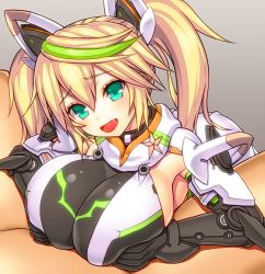 Rule 34 | 1boy, 1girl, aqua eyes, asamura hiori, bare shoulders, blonde hair, blush, breasts, elbow gloves, fang, gen&eacute; (pso2), gene (pso2), gloves, green hair, hair between eyes, hetero, highres, huge breasts, large breasts, long hair, multicolored hair, open mouth, paizuri, paizuri over clothes, phantasy star, phantasy star online 2, smile, solo focus, twintails