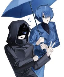 1boy 1girl alternate_color black_hair blue_coat blue_eyes blue_hair blue_umbrella breasts coat commentary crying crying_with_eyes_open genderswap genderswap_(ftm) genderswap_(mtf) heroine_(homicipher) highres holding holding_umbrella homicipher large_breasts looking_at_viewer mr._scarletella player_2 raincoat sh_fxng9313 shaded_face short_hair simple_background tears umbrella v white_background