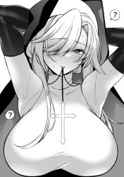 Rule 34 | 1girl, ?, armpits, arms up, blush, breasts, cross, elbow gloves, gloves, greyscale, habit, hair over one eye, huge breasts, long hair, looking at viewer, monochrome, nun, original, rosary, shindou (fuguri), sleeveless, solo