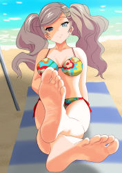 Rule 34 | 1girl, absurdres, barefoot, beach, bikini, blonde hair, blue eyes, day, feet, foot focus, hair ornament, hairclip, highres, long hair, looking at viewer, megami tensei, nush advance, persona, persona 5, pov, resolution mismatch, sitting, smile, soles, source smaller, swimsuit, takamaki anne, toes, twintails, wavy hair