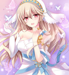 Rule 34 | 1girl, blonde hair, bug, butterfly, corrin (female) (fire emblem), corrin (fire emblem), dress, elbow gloves, fire emblem, fire emblem fates, fire emblem heroes, gloves, hair between eyes, hand on own chin, insect, kirishima riona, long hair, looking at viewer, nintendo, official alternate costume, open mouth, pointy ears, red eyes, single-shoulder dress, single elbow glove, smile, solo, veil