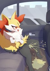 Rule 34 | 1girl, animal ear fluff, animal ears, animal hands, blue sky, blush, braixen, car interior, creatures (company), day, door, embarrassed, fang, female focus, fox ears, from side, furry, furry female, game freak, gen 6 pokemon, nintendo, nose blush, open mouth, peeing, pokemon, pokemon (creature), puddle, pussy, red eyes, sitting, sky, solo, spread legs, sweat, tears, uncensored, uno usaya, window