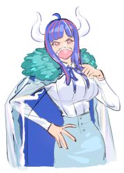Rule 34 | 1girl, ahoge, blue hair, blue skirt, cape, collared shirt, covered mouth, curled horns, dinosaur girl, fur-trimmed cape, fur trim, horns, jewelry, long hair, looking at viewer, mask, mouth mask, multicolored hair, necklace, one piece, pink eyes, pink hair, pink mask, raine (acke2445), shirt, shirt tucked in, simple background, skirt, solo, streaked hair, ulti (one piece), white background, white shirt