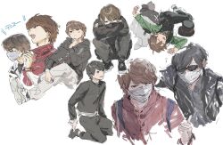 Rule 34 | 1boy, black eyes, black hoodie, black vest, brown hair, cat, character request, closed eyes, closed mouth, commentary request, copyright request, cosplay, crossed arms, crossed legs, green shirt, hand up, hat, highres, hood, hood down, hoodie, jacket, jiz (pffbq), kiyo (youtuber), kneeling, knees up, long sleeves, looking to the side, lying, mask, mouth mask, multiple views, on side, open mouth, pants, real life, red jacket, shirt, shoes, short hair, simple background, sitting, sketch, sleeping, sneakers, stuffed animal, stuffed cat, stuffed toy, sunglasses, surgical mask, top hat, vest, white background