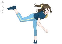 Rule 34 | 1girl, aqua eyes, aqua pants, artist name, artist request, baseball glove, blue eyes, blue footwear, blue pants, blue shirt, blush, bow, breasts, brown hair, collarbone, female focus, floating hair, full body, hair between eyes, hair bow, high ponytail, highres, long hair, looking at viewer, love live!, love live! nijigasaki high school idol club, love live! school idol festival, osaka shizuku, pants, parted lips, ponytail, shirt, shoes, short sleeves, small breasts, smile, solo, standing, throwing, wavy hair, white background, wristband, yellow bow, yellow wristband