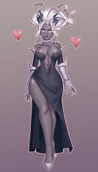 Rule 34 | 1girl, absurdres, alternate costume, bare shoulders, black dress, breasts, center opening, chain, collar, collarbone, colored skin, commentary, commission, dress, english commentary, full body, gauntlets, grey skin, hair intakes, heart, helltaker, highres, horns, judgement (helltaker), large breasts, long hair, looking at viewer, nauth, outline, parted lips, side slit, simple background, solo, white eyes, white hair, white outline