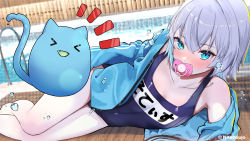 Rule 34 | 1girl, absurdres, blue eyes, blue jacket, blush, collarbone, flat chest, grey hair, hair between eyes, highres, jacket, legs, long hair, looking at viewer, lying, mouth hold, myo sotis, nkshoujo, old school swimsuit, on side, one-piece swimsuit, open clothes, open jacket, oukafafafa, pacifier, pool, school swimsuit, short hair, swimsuit, virtual youtuber