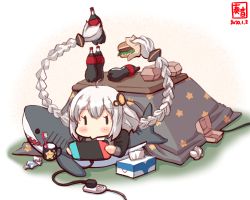 Rule 34 | 1girl, ahoge, bottle, braid, burger, cable, cola, commentary request, cup, dated, electric plug, electrical outlet, fast food, food, game console, hair ornament, handheld game console, highres, holding, holding handheld game console, ikea shark, kanon (kurogane knights), kizuna akari, kotatsu, long hair, lying, mug, nintendo switch, on back, playing games, prehensile hair, shark, silver hair, soda bottle, solo, stuffed animal, stuffed shark, stuffed toy, table, tissue, tissue box, toothbrush, toothpaste, twin braids, under kotatsu, under table, voiceroid