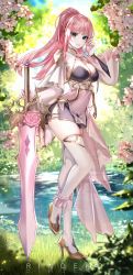 Rule 34 | 1girl, absurdres, black skirt, breasts, cleavage, day, flower, full body, green eyes, hand up, high heels, highres, holding, holding sword, holding weapon, large breasts, long hair, long sleeves, looking at viewer, nail polish, nature, original, outdoors, parted lips, pink flower, pink hair, pink nails, ponytail, ringeko-chan, skirt, smile, solo, standing, standing on one leg, sword, thighhighs, water, weapon, white thighhighs, yellow footwear