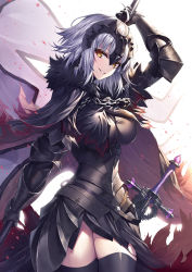 Rule 34 | 1girl, ahoge, armor, armored dress, black armor, black cape, black dress, black thighhighs, breasts, cape, chain, dress, fate/grand order, fate (series), flag, fur-trimmed cape, fur collar, fur trim, gauntlets, grin, hair between eyes, headpiece, heirou, jeanne d&#039;arc (fate), jeanne d&#039;arc alter (avenger) (fate), jeanne d&#039;arc alter (fate), large breasts, looking at viewer, plackart, short hair, silver hair, simple background, smile, solo, sword, thighhighs, weapon, white background, yellow eyes