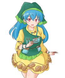 Rule 34 | 1girl, apron, blue hair, bright pupils, commentary, cowboy shot, dress, green apron, green headwear, haniyasushin keiki, head scarf, jewelry, long hair, looking at viewer, magatama, magatama necklace, mizusoba, necklace, open mouth, red eyes, short sleeves, simple background, single strap, solo, touhou, white background, white pupils, yellow dress
