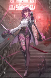 1girl aiming aiming_at_viewer asymmetrical_dual_wielding black_cat black_jacket blood blood_drip bloody_weapon boots breasts cat chest_harness collared_shirt commentary corpse death dual_wielding eyewear_on_head flower full_body glasses gloves gun hair_between_eyes harness high-waist_shorts holding holding_gun holding_sword holding_weapon honkai:_star_rail honkai_(series) jacket kafka_(honkai:_star_rail) laser long_hair long_sleeves looking_at_viewer oiro_ik pantyhose pantyhose_under_shorts petals pince-nez purple-tinted_eyewear purple_eyes purple_gloves purple_hair purple_pantyhose rose rose_petals round_eyewear shirt shorts signature single_thigh_boot smile solo spider_web_print stairs standing sunglasses sword sword_behind_back thigh_boots tinted_eyewear weapon white_shirt