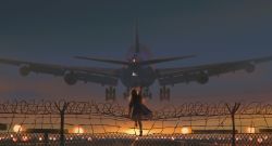 Rule 34 | 1girl, aircraft, airplane, alzi xiaomi, barbed wire, barefoot, bleeding, blood, blood on leg, blue sky, blurry, bokeh, brown hair, chinese commentary, chromatic aberration, city lights, cuts, depth of field, fence, flying, from behind, highres, hospital gown, injury, legband, long hair, original, outdoors, outstretched arm, paper airplane, short sleeves, sky, solo, standing, sun, sunlight, wide shot