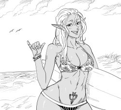Rule 34 | 1girl, :d, bare shoulders, bb (baalbuddy), bikini, bird, blush, bracelet, breasts, cleavage, cloud, contrapposto, cowboy shot, dark elf, day, elf, fingernails, greyscale, highres, holding, holding surfboard, horizon, jewelry, long hair, looking at viewer, mismatched bikini, monochrome, ocean, open mouth, original, outdoors, pinky out, pointy ears, pubic tattoo, shaka sign, smile, solo, standing, surfboard, swimsuit, tattoo