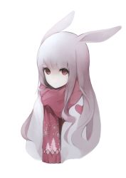 Rule 34 | 1girl, animal ears, bad id, bad pixiv id, expressionless, fringe trim, grey hair, gyup91, highres, long hair, looking at viewer, original, rabbit ears, red eyes, simple background, snowflake print, solo, upper body, white background