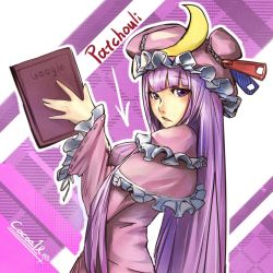 Rule 34 | 1girl, adapted costume, arrow (symbol), bad id, bad pixiv id, book, bow, character name, cocoaore, crescent, female focus, google, hair bow, hat, highres, long hair, looking at viewer, patchouli knowledge, purple eyes, purple hair, solo, touhou, upper body, zipper