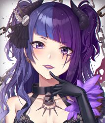 Rule 34 | 1girl, bare shoulders, black choker, black ribbon, blush, breasts, chain, choker, cleavage, collarbone, diagonal bangs, facial mark, feathers, hair ornament, hair ribbon, horns, idolmaster, idolmaster shiny colors, long hair, looking at viewer, multicolored hair, open mouth, parted lips, purple eyes, purple hair, ribbon, smile, solo, spikes, tanaka mamimi, twintails, two-tone hair, yuuhi (ages)