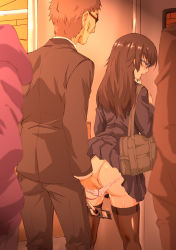 Rule 34 | 1boy, 1girl, age difference, ass, blush, closed eyes, fingering, from behind, glasses, hetero, kneepits, kosokosomaru (higashi taishi), long hair, molestation, old, old man, open mouth, original, pleated skirt, public indecency, pussy juice, school uniform, skirt, thighhighs, wet